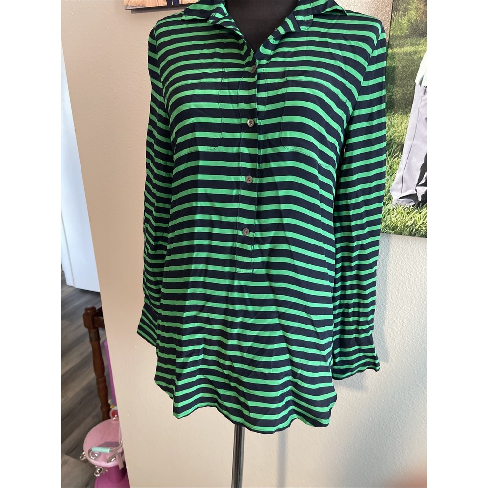 Jcrew Women Silk Blouse Size 2 Green Navy Stripes